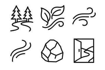 Nature's Escape Path. Route Escape Nature Exit set in outline vector style : winding forest path, leaf drift swirl, dirt trail mark, soft breeze arc, rugged stone, escape line