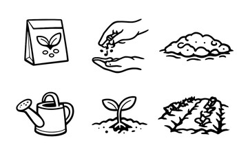 Gardening Icons. Gardening seedsset in outline vector style seed packet, hand sowing seeds, soil bed, watering can, sprouting seedling, garden row