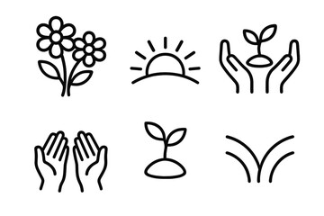 Harmony in Bloom. Relationship Harmony growth set in outline vector style: blooming pair of flowers, branching stems meeting, rising sun duo, nurturing hand pair, shared seedling, upward arcs