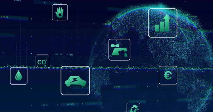 Waveform emerging triggers icons drifting while globe forming to visualize eco data network