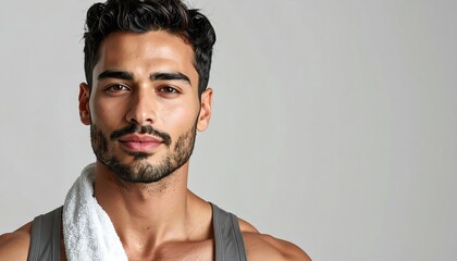 Obraz premium Muscular man with dark hair and a towel, posing against a plain background, looking at the viewer
