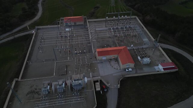 Aerial view of power plant electrical substation generating energy