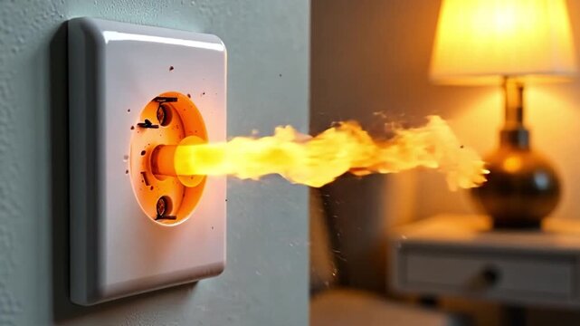 Fire emerging from electrical outlet in a living room setting at night