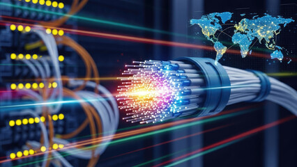 Fiber Optic Cables Transmitting Data Globally Through Technology Network.