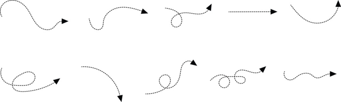 Dotted curve arrows collection. Hand drawn line dash arrows on transparent background