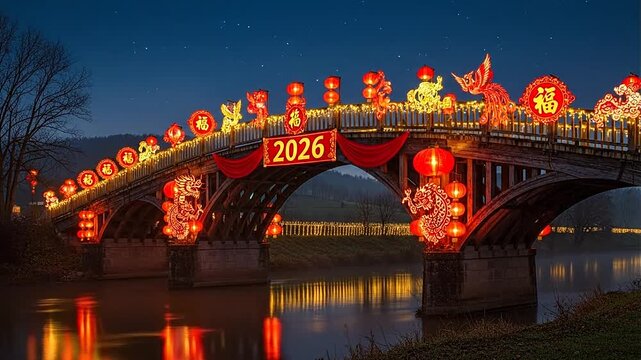 Traditional Chinese Bridge Illuminated with Red Lanterns and Festive Decorations Over a River at Night for Lunar New Year 2026