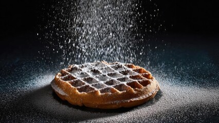 A round waffle on a dark surface being dusted with powdered sugar as sugar falls onto it. Concept Dessert close-up, Powdered sugar dusting, Waffle photography, Dark backdrop styling