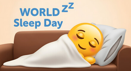 A relaxing emoji celebrating world sleep day, sleeping comfortably on a couch with text overlay.