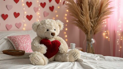Fluffy Cream Teddy Bear Holding Red Heart on Bed, Valentine's Day Decor