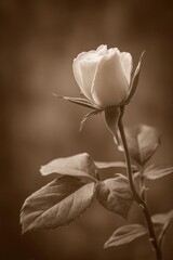 Naklejka premium A single rose bud on a stem with leaves in a sepia-toned photograph. Concept Sepia-toned rose, single rose bud, leaves detail, botanical still life, vintage floral