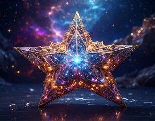 Ornate gold star with intricate filigree detailing against a blurred, colorful cosmic background with mountain silhouettes