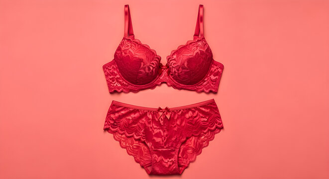 Bright red lace lingerie set including a pushup bra and matching panties displayed beautifully on a solid colored background