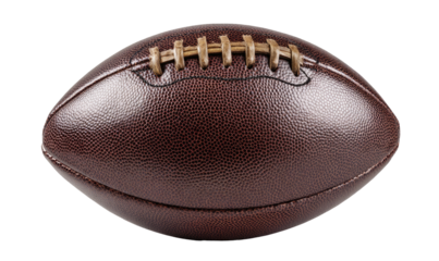 Brown football with visible seams & textured surface, isolated on black