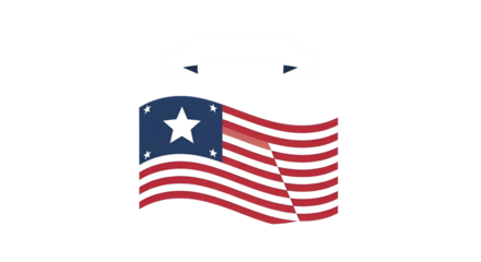 Patriotic Waving Flag with Blue Stars and Red Stripes on Black Background with Ribbon Banner