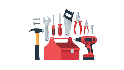 Essential Home Repair Tools Collection with Red Toolbox Hammer Drill Saw and Screwdrivers.
