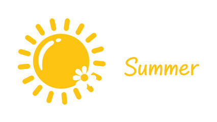 Fototapeta premium Cheerful yellow sun icon with radiating rays and a white daisy next to handwritten Summer text.