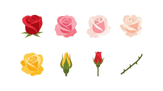 Colorful flat vector rose collection featuring diverse blooms buds and a thorny stem element.