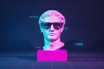 Retro-futuristic Sculpture with Neon Grid and Sunglasses
