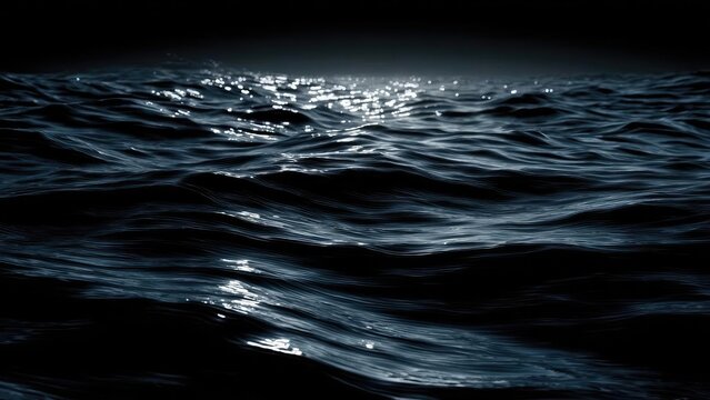 Nighttime ocean surface with dark blue waves and silver reflections. Concept Moonlit Ocean, Dark Blue Waves, Silver Reflections, Night Photography, Sea at Night