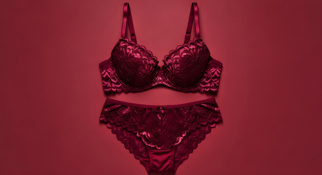 Luxurious deep red lace lingerie set featuring a push-up bra and matching panties artfully displayed against a solid colored background.