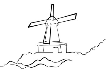 Continuous single line drawing windmill. An old mill in the landscape. Linear.One continuous line isolated minimalist illustration. Not AI.