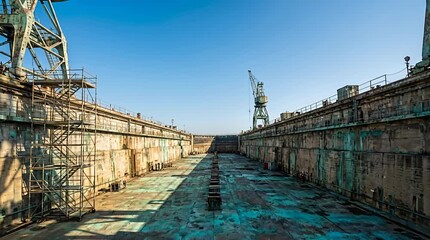 Exploring an empty dry dock with industrial cranes under a clear blue sky, shipyard, maritime, shipyard, port.