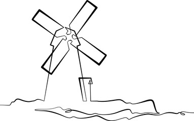 Continuous single line drawing windmill. An old mill in the landscape. Linear.One continuous line isolated minimalist illustration. Not AI.