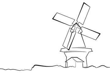 Continuous single line drawing windmill. An old mill in the landscape. Linear.One continuous line isolated minimalist illustration. Not AI.