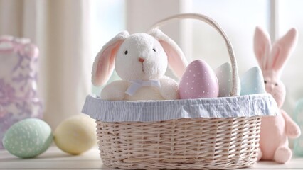 Obraz premium A wicker Easter basket with a white plush bunny, pastel dotted eggs, and soft pastel rabbits nearby. Concept Easter wicker basket with white plush bunny and pastel dotted eggs