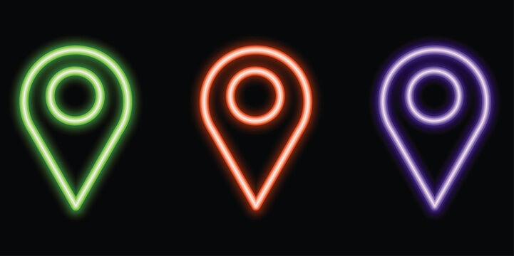 Three vibrant neon map location pins glowing brightly against a solid black background