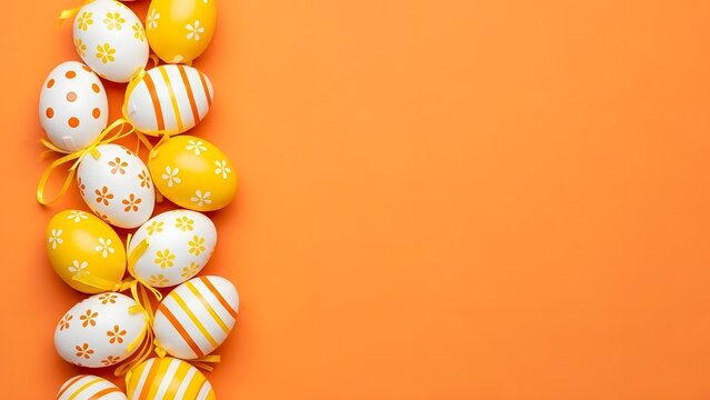 Vibrant Orange Easter Flat Lay: Patterned Eggs Border on Orange Background with Copy Space