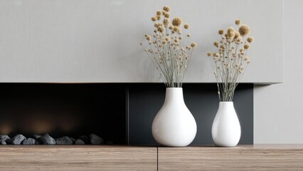 Two white ceramic vases with dried ball-shaped flowers on a wooden table in a modern living room. Concept Minimalist decor, White ceramic vases, Dried ball flowers, Wooden table, Modern living room