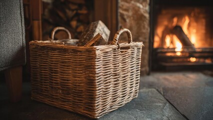 Obraz premium A woven wicker basket filled with firewood sits on a stone hearth beside a crackling fireplace. Concept Cozy fireplace, Wicker basket, Firewood stack, Rustic decor, Crackling flames