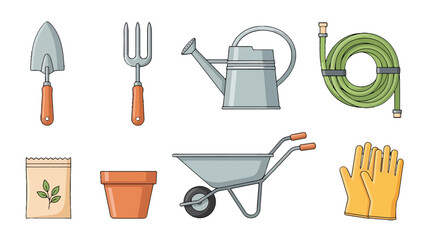 Illustrated gardening essentials hand trowel fork watering can hose seed packet terracotta pot wheelbarrow and gloves.