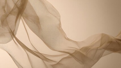 A piece of light beige sheer fabric fluttering and flowing in the air. Concept Wind-swept sheer fabric, Ethereal beige chiffon, Airy movement, Soft draping texture, Fashion accessory detail