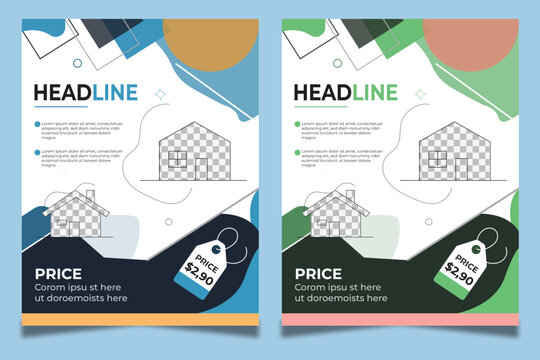 Abstract geometric flyer template set with house icons and price tag, modern business advertisement for real estate sale or offer, vibrant colors and graphic design - Powered by Adobe