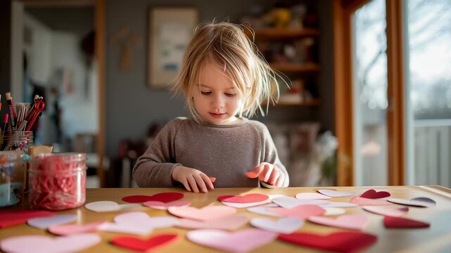 Little child making paper hearts at a cozy home table creating a sweet Valentine&rsquo;s Day craft moment
