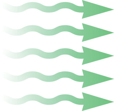 Five parallel green wavy flow lines terminating in sharp directional arrows moving forward