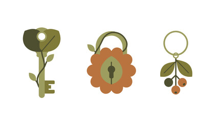Stylized green leaf key floral padlock and berry charm vector illustration set with organic shapes.