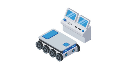 Isometric Robotic Rover and Control Panel with Blue Screens Flat Design.