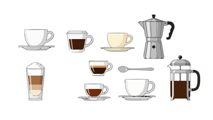 Illustrative set of coffee cups espresso latte Moka pot and French press with spoon.
