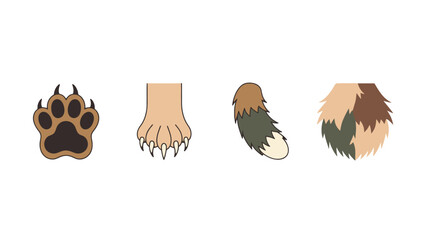 Stylized cartoon animal paws with sharp claws and fluffy multicolored tails vector illustration set featuring diverse designs.