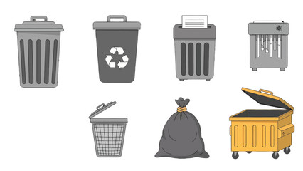 Illustrated Waste Disposal Collection Trash Cans Recycling Bin Paper Shredder Garbage Bag Dumpster.