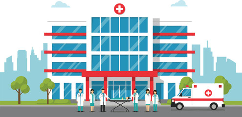 Modern hospital building exterior with medical staff doctors and nurses standing near ambulance and patient on stretcher for healthcare emergency services. © mstLilima