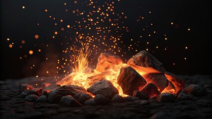 3D Burning embers glowing. Fire Glowing Particles on Black Background
