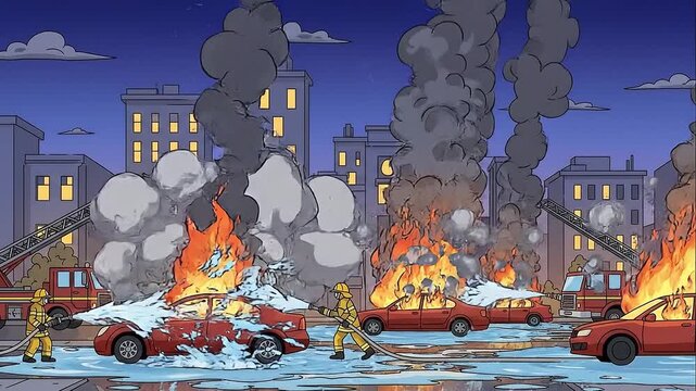 City Firefighters Battle Massive Car Blaze Cartoon Illustration