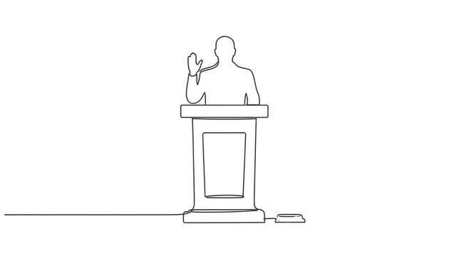 Speaker at a podium giving a speech in a conference hall from a front viewpoint
