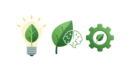 Vibrant green ecofriendly icons lightbulb with leaf leaf with brain and gear with leaf symbolizing sustainable innovation.