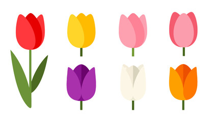 Vibrant flat design tulip illustrations in various colors featuring red yellow pink purple white and orange blooms with green stems.