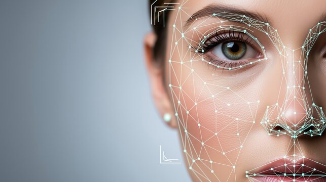 Biometric face identification close up with digital facial mapping overlay, woman identity verification and artificial intelligence security concept with detailed facial scan